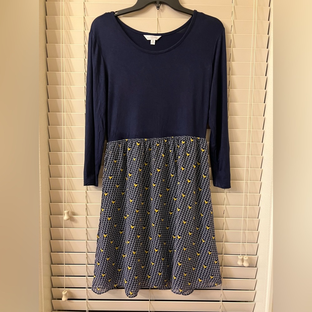 Charming Charlie Women's Medium Navy Blue Heart/Anchor Dress 3/4 Sleeve